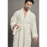 Nuşa Yaka Fitilli %100 Organik Cotton Cotton Erkek Bornozu - Krem - 2XL