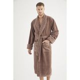 Nuşa Yaka Jakarlı %100 Cotton Erkek Bornozu - Bej - 2XL