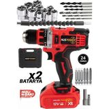 Nuspower Çelik Mandrenli Metal Şanzıman Şarjlı Matkap – 24 Parça Akülü Vidalama Seti 12V
