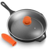 NutriChef 25,4 cm Önceden Sezonlanmış Dökme Demir PFOA İçermez Fırın Güvenli Yapışmaz Tencere Kızartma Tavası Cam Kapaklı, Damlama Ağzı, Silikon Tutamak-Gaz/Elektrik/Seramik/İndüksiyonlu Ocak NCCI10
