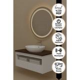 NUUN DEKOR Aurora 100cm Banyo Dolabı Seti (Yuvarlak Ledli Dokunmatik Ayna + MDF Lavabo Dolabı, Seramik Lavabo)