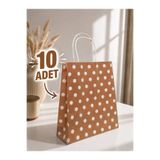 NUYA PACK Karamel Renkli Beyaz Puantiyeli 10 Adet 20x24 Cm Kraft Çanta Hediye Poşeti , Hediye Paketi , Kraft Kağıt Çanta