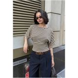 Nuzrk Kadın Esnek Kumaşlı Belden Vücuda Oturan Kısa Kollu Yarasa Model Detaylı Çizgili Bluz T-Shirt