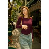 Nuzrk kids Kadın %100 Pamuk Esnek Kumaşlı Vücuda Oturan Slim Fit Uzun Kollu Kayık Yaka BORDO T-Shirt