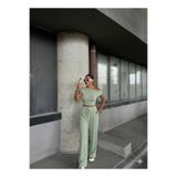 NVFashion Kolsuz Takım Mint Yeşili Tek Omuz Detaylı Bluz Bol Paça Pantolon Cepli Alt Üst Takım