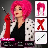 NW NessiWorld Neon Bukleli Pembe Peruk Uzun Kumaş Kırmızı Eldiven ve Tutucu Seti (3 Parça) FRTXMLSMR512G062E146