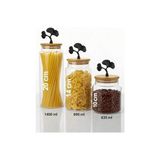NY Home 3'lü Bambu Kapaklı Mat Siyah Ginkgo Figürlü Şeffaf Cam Kavanoz Cam Saklama Kabı 635/890/1400ML
