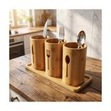 NY Home 3'lü Doğal Bambu Kaşıklık Seti - Ahşap Standlı Tezgah Üstü Çatal Kaşık Bıçak Düzenleyici Şık Mutfak Organizeri (Stand: 33X13X2 Cm/kaşıklık: 10X12 Cm) - 01P-Pembe