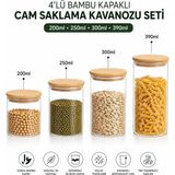 NY Home Bambu Kapaklı Cam Saklama Kavanozu Seti, 4'lü, 200ML, 250ML, 300ML, 390ML, Borosilikat Cam, Sızdırmaz Silikon Conta