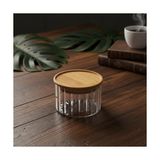 NY Home Linie Slim Bambu Kapaklı Borosilikat Cam Saklama Kabı - Çizgili Vakumlu Baharatlık, Çay ve Kahve Kavanozu - 200ML ve 300ML Seçenekleri (200ML)