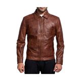 Nyc Giyim Tekstil Hakiki Koyun Derisi Erkek Deri Ceket, Gömlek Yaka, Fermuarlı, Uzun Kol, 5 Cep, Normal Kalıp - XL - Koyu Taba