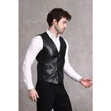 Nyc Giyim Tekstil Nyc Giyim Hakiki Deri Yelek Erkek Düğmeli V Yaka Siyah Renkli Modern Stil - 2XS