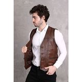 Nyc Giyim Tekstil Nyc Giyim Hakiki Deri Yelek Erkek Slim Fit Düğmeli Kahverengi V Yaka Astarlı