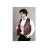 Nyc Giyim Tekstil Nyc Giyim Hakiki Deri Yelek Erkek Slim Fit Kahverengi Düğmeli V Yaka Modern Tasarım - 2XL
