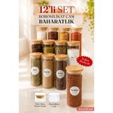 Nyl Home 12 Adet Bambu Kapaklı Vakumlu Baharatlık Seti, Baharat Saklama Kavanozu - Şeffaf