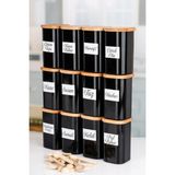 Nyl Home 12'li 250 ml Vakumlu Bambu Ahşap Kapaklı Kaşıklı Siyah Akrilik Baharatlık Seti Etiket Hediyeli