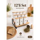 Nyl Home 12'li 300 ml Bambu Stantlı Vakumlu Ahşap Kapaklı Porselen Görünümlü Akrilik Baharatlık Kaşık Etiket