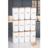 NYL HOME 12'li Ahşap Vakum Kapak Baharatlık - Porselen Görünümlü Etiketli Kaşıklı Baharat Saklama Kabı 300ml