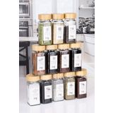 NYL HOME 12'li Bambu Kapaklı Kare Cam Baharatlık Takımı Etiketli Tuzluk Biberlik Baharat Saklama Kabı 120ml
