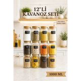 NYL HOME 12'li Etiketli Cam Kavanoz Seti – Bambu Hava Almaz Vakum Kapaklı Çizgili Erzak Bakliyat Saklama Kabı 12 x 1 L