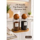 Nyl Home 2'li Ahşap Stantlı Ahşap Top Kapaklı Çay ve Kahve Kavanozu Saklama Kabı Cam 1000 ml