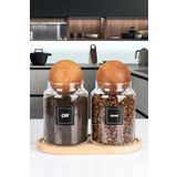 Nyl Home 2'li Ahşap Stantlı Ahşap Top Kapaklı Çay ve Kahve Kavanozu Saklama Kabı Cam 1000 ml