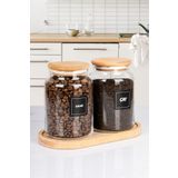 Nyl Home 2'li Ahşap Stantlı Ahşap Vakumlu Kapaklı Çay ve Kahve Kavanozu Saklama Kabı Cam 1000 ml