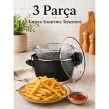 Nyl Home 3 Parça Emaye Kızartma Tenceresi - 26 cm Fritöz - Süzgeç Aparatlı Patates & Sebze Kızartma Tenceresi