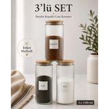 Nyl Home 3'lü Ahşap Kapaklı Etiketli Çay Şeker Kahve Cam Kavanoz Saklama Kabı 1300 ml