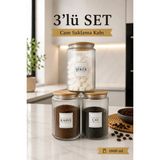 Nyl Home 3'lü Ahşap Kapaklı Etiketli Çay Şeker Kahve Cam Kavanoz Saklama Kabı 800 ml