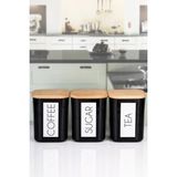 Nyl Home 3'lü Ahşap Vakum Kapaklı Saklama Kabı Çay Şeker Kahve Ingilizce Akrilik Siyah Kavanoz Set 900 ml
