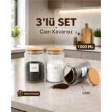 NYL HOME 3'lü Ahşap Vakumlu Kapaklı 1000 Ml Çay Şeker Kahve Erzak Saklama Kavanozu