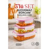 NYL HOME 3'lü Dikdörtgen Sızdırmaz Kapaklı Kase Cam Saklama Kabı Buzdolabı Düzenleyici Fırın Kabı Borcam