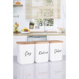 NYL HOME 3'lü Porselen Görünümlü Kare Ahşap Vakumlu Kapaklı Erzak Saklama Kabı Baharatlık 900 Ml