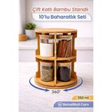 NYL HOME 6'lı 360° Dönen Standlı Baharatlık Seti - Bambu Kapaklı Borosilikat Cam Baharat Takımı Kavanoz 350ml