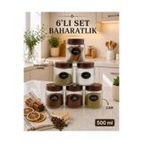 NYL HOME 6'lı Etiketli Çizgili Cam Kavanoz Baharatlık Seti – Plastik Contalı Hava Almaz Kapaklı Baharatlık Saklama Kabı 6 x 500 ml