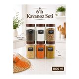 NYL HOME 6'lı Etiketli Çizgili Cam Kavanoz Seti – Plastik Contalı Hava Almaz Kapaklı Erzak Bakliyat Saklama Kabı 6 x 1 L