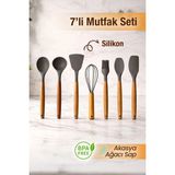 Nyl Home 7'li Servis Seti - Akasya Saplı Isıya Dayanıklı Silikon Kaşık Kepçe Spatula Çırpıcı Mutfak Gereçleri