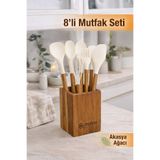NYL HOME 8 Parça Mutfak Seti – Akasya Saplı Silikon Kepçe & Spatula & Çırpıcı Seti Tezgah Üstü Kaşıklık Beyaz