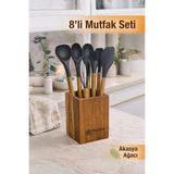 Nyl Home 8 Parça Mutfak Seti – Akasya Saplı Silikon Kepçe & Spatula & Çırpıcı Seti Tezgah Üstü Kaşıklık Siyah