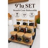 Nyl Home 9'lu Stantlı Çizgili Cam Baharatlık Seti - Etiketli Ahşap Kapaklı Organizer Baharat Saklama Kabı Çerezlik 350 ml