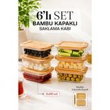 Nyl Home Bambu Vakumlu Kapaklı 6'lı Dikdörtgen Kase Cam Saklama Kabı Kahvaltılık Buzdolabı Tatlı Fırın Borcam - Şeffaf