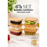 NYL HOME Bambu Vakumlu Kapaklı 6'lı Dikdörtgen Kase Cam Saklama Kabı Kahvaltılık Buzdolabı Tatlı Fırın Borcam