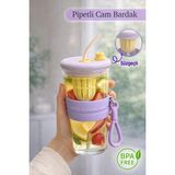 Nyl Home Pipetli Borosilikat Cam Pipetli Bardak - Taşıma Kulplu Süzgeçli Tasarım Meşrubat Detoks Bardağı Lila - Şeffaf
