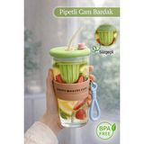 Nyl Home Pipetli Borosilikat Cam Pipetli Bardak -Taşıma Kulplu Süzgeçli Tasarım Meşrubat Detoks Bardağı Yeşil - Şeffaf
