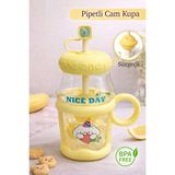 Nyl Home Pipetli Cam Kupa Bardak - Süzgeçli Borosilikat Detoks Matarası - Tasarım Kapaklı Suluk - Şeffaf