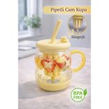 Nyl Home Süzgeçli Borosilikat Cam Kupa Bardak - Tasarım Pipetli Kapaklı Detoks Matarası - Şeffaf