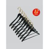 NYN Ahşap M001-BARLI (Gold Kanca Lama) Gömlek, Pantolon Elbise Askısı 12 Adet - Siyah