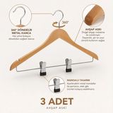 NYN Ahşap M001-ÇM Mandallı Etek Gömlek Askısı 3 Adet - Bej