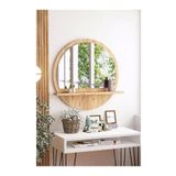 nysamo Tarz Design 58 Cm Yuvarlak Safir Meşe Raflı Dresuar Konsol Duvar Salon Banyo Ofis Yatak Oda Aynası